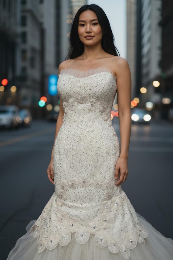 Vintage Rivini Floral Mermaid Wedding Gown - Size 10 - Silk and Tulle