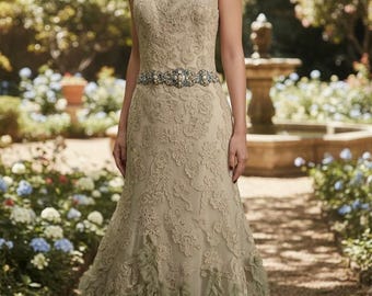 Vintage Enzoani Strapless Lace A-Line Wedding Dress in Sage Green - Size 8
