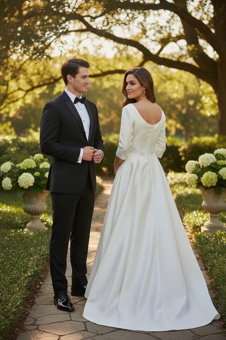 May include: A formal wedding scene featuring a couple on a stone path. The person on the left is wearing a black tuxedo with a bow tie. The person on the right is wearing a white satin wedding gown with a long train and long sleeves. The background includes greenery and large planters.