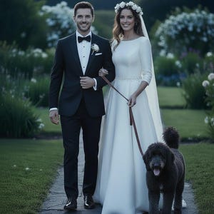 May include: A couple in formal attire walks on a stone path, accompanied by a black dog on a leash. The woman wears a white wedding dress and floral crown. The man is in a black tuxedo. The scene is set outdoors with greenery in the background.