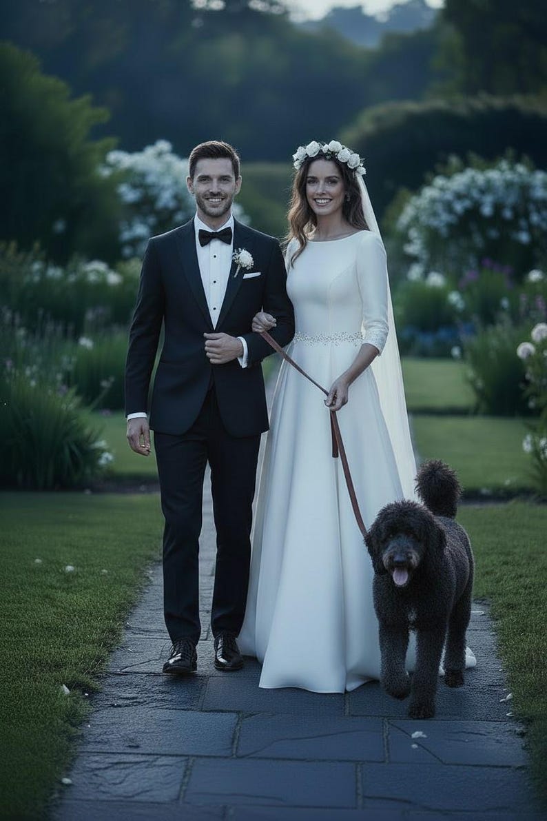 May include: A couple in formal attire walks on a stone path, accompanied by a black dog on a leash. The woman wears a white wedding dress and floral crown. The man is in a black tuxedo. The scene is set outdoors with greenery in the background.