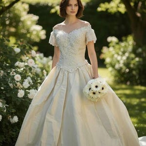 May include: An off-the-shoulder ball gown with a sweetheart neckline and short sleeves. The bodice features intricate white floral lace embroidery and beadwork. The skirt is made of a smooth, solid cream-coloured fabric with a full, voluminous silhouette.