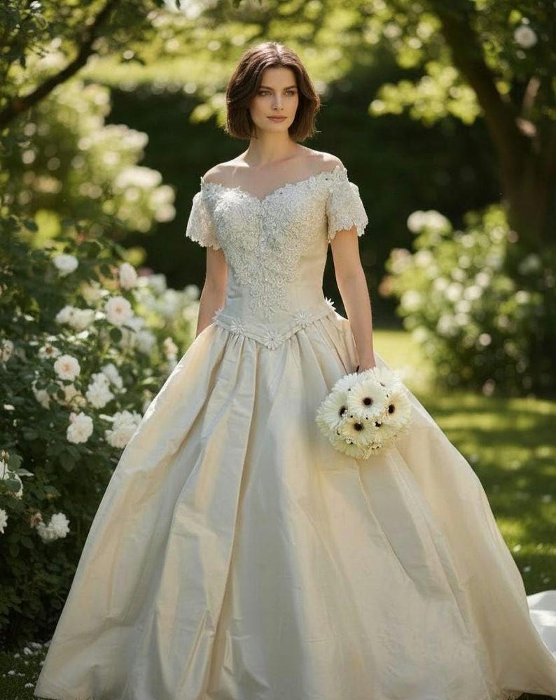 May include: An off-the-shoulder ball gown with a sweetheart neckline and short sleeves. The bodice features intricate white floral lace embroidery and beadwork. The skirt is made of a smooth, solid cream-coloured fabric with a full, voluminous silhouette.