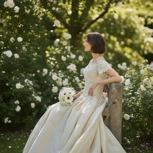 May include: An off-white floor-length gown with an off-the-shoulder lace bodice and a full, smooth satin skirt. The garment features short lace sleeves and a fitted waistline, paired with a round bouquet of white flowers held in the lap.