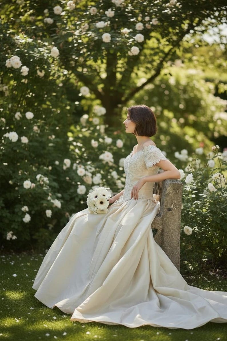 May include: An off-white floor-length gown with an off-the-shoulder lace bodice and a full, smooth satin skirt. The garment features short lace sleeves and a fitted waistline, paired with a round bouquet of white flowers held in the lap.