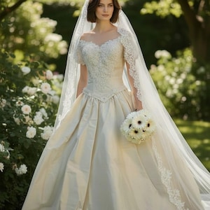 May include: An off-white ball gown with a sweetheart neckline, short lace sleeves, and intricate beadwork on the bodice. The skirt is full and floor-length, paired with a long, sheer veil featuring lace trim and a bouquet of white flowers.