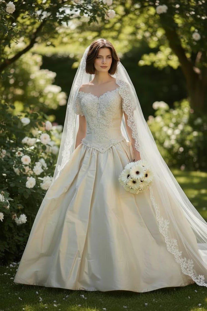 May include: An off-white ball gown with a sweetheart neckline, short lace sleeves, and intricate beadwork on the bodice. The skirt is full and floor-length, paired with a long, sheer veil featuring lace trim and a bouquet of white flowers.