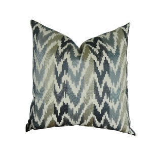 Blue Designer Pillow Cover - Blue Dark Blue Throw Pillow - Taupe Ivory Blue Wave Pillow - Embroidered Pillow - Blue Graphic Pillow - 11407