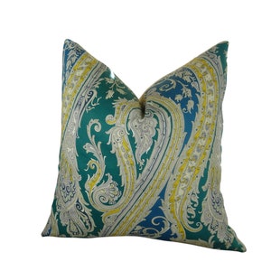 Designer Paisley Pillow Cover  - Green Blue Yellow Cream Lavender Paisley Pillow - Calypso Blue Paisley Sofa Pillow - Throw Pillow -  11361