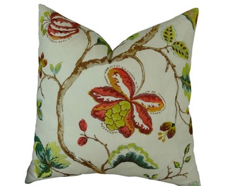 Coral Red Floral Throw Pillow Cover - Coral Red Green White Floral Throw Pillow - Designer Floral Accent Pillow - Embroidered Pillow - 11431