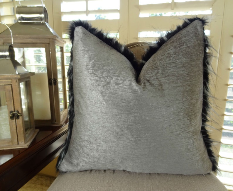 Black White Fur Throw Pillow Wolf Faux Fur Pillow Cover Etsy