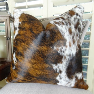 Decorative Cowhide Throw Pillow Cover, Dark Tri Color Decorative Brown Tan White Cowhide Pillow, High End Cowhide Accent Sofa Pillow 16607