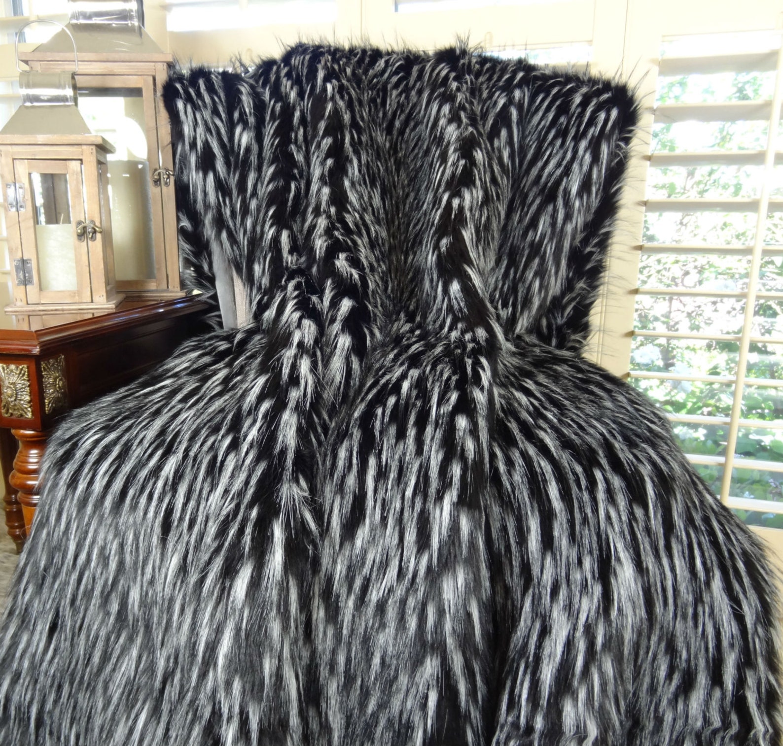 Black Faux Fur Blanket Wolf Faux Fur Black White Fur Throw Etsy