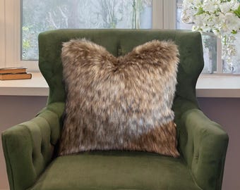 Luxury Brown Faux Mountain Wolf  Throw Pillow Cover - Light & Brown Fur-Free Pillow Cover - 17406