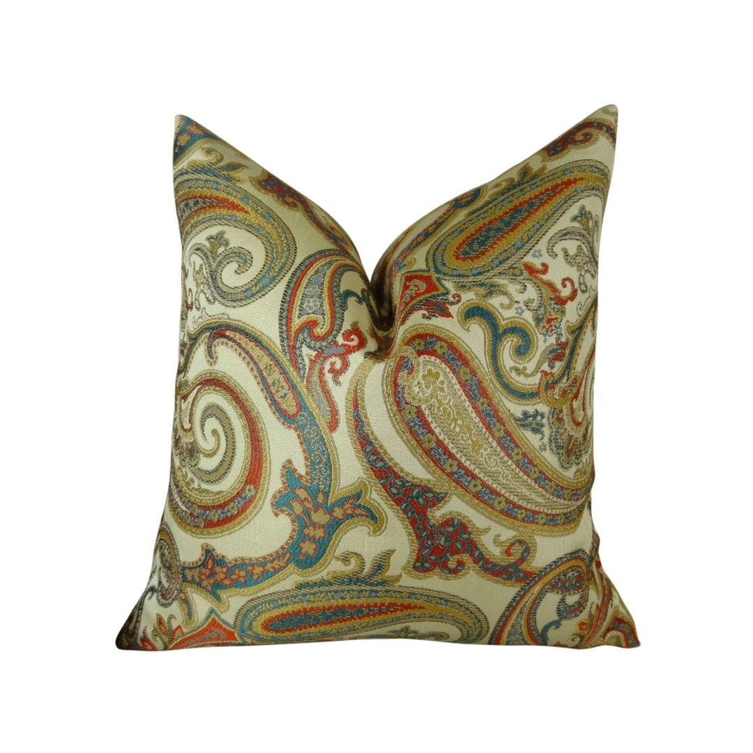 Red Paisley Throw Pillow Cover Turquoise Red Cream Taupe Blue Paisley