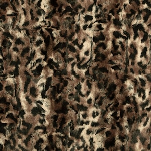 May include: A brown and black faux fur fabric with a leopard print pattern.