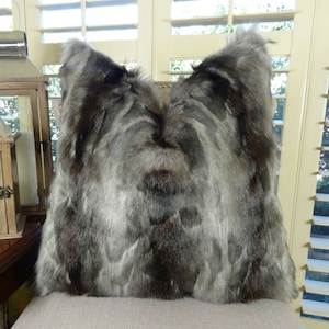 Exotic Gray Fox Faux Fur Throw Pillow Cover - Gray Charcoal Black Fox Fur Pillow - Gray Fox Pillow - Luxury Soft Fox Faux Fur - 17419