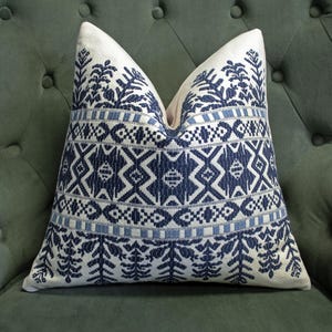 SALE - Designer Blue Throw Pillow - Aztec Navy Blue White Tribal Pillow Cover - Embroidered Aztec Pillow - Navy Blue Tribal Pillow - 11081
