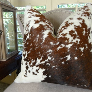 Decorative Cowhide Throw Pillow Cover, Brown White Cowhide Pillow, High End Cowhide Sofa Pillow, Brazilian Cowhide Accent Sofa Pillow 16605
