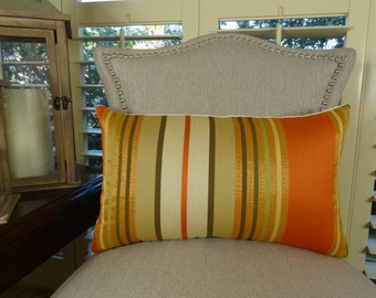 SALE 20.00 - 12"x20" Lumbar Stripe Throw Pillow Cover - Orange Cream Green Olive Brown Taupe Stripe Pillow - Orange Stripe Pillow - 11233