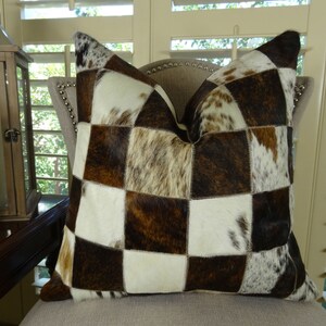 Cowhide Pillow Cover - Dark Tri Color Brown Tan Pearl Decorative Cowhide Pillow - Genuine Brazilian Exotic Cowhide Accent Sofa Pillow 16657