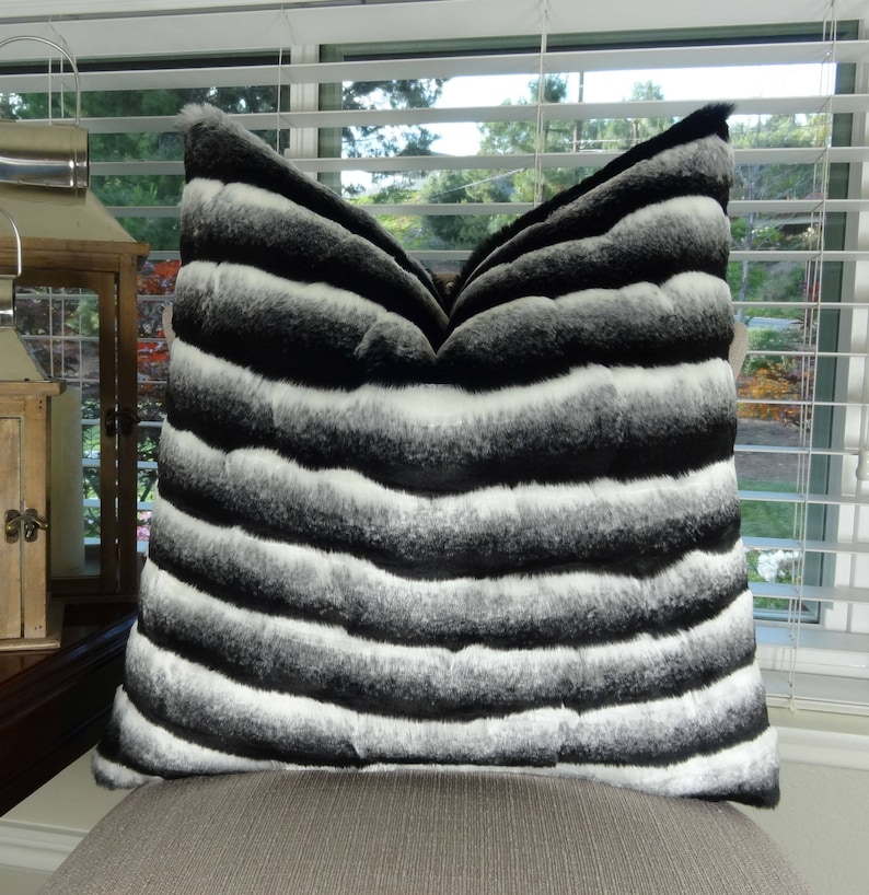 Black White Chinchilla Faux Fur Throw Pillow Cover Black Etsy