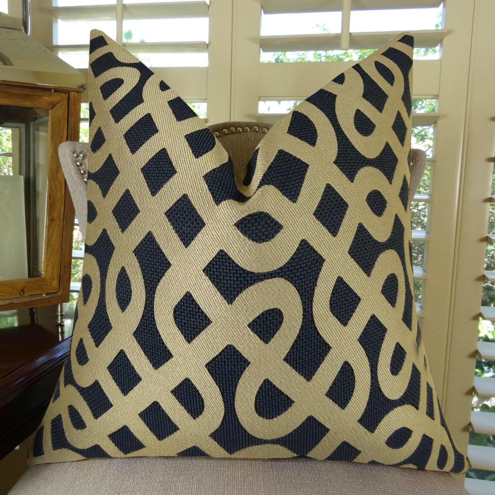 Navy Pillow Designer Navy Pillow Cover Navy Tan Geometric Etsy