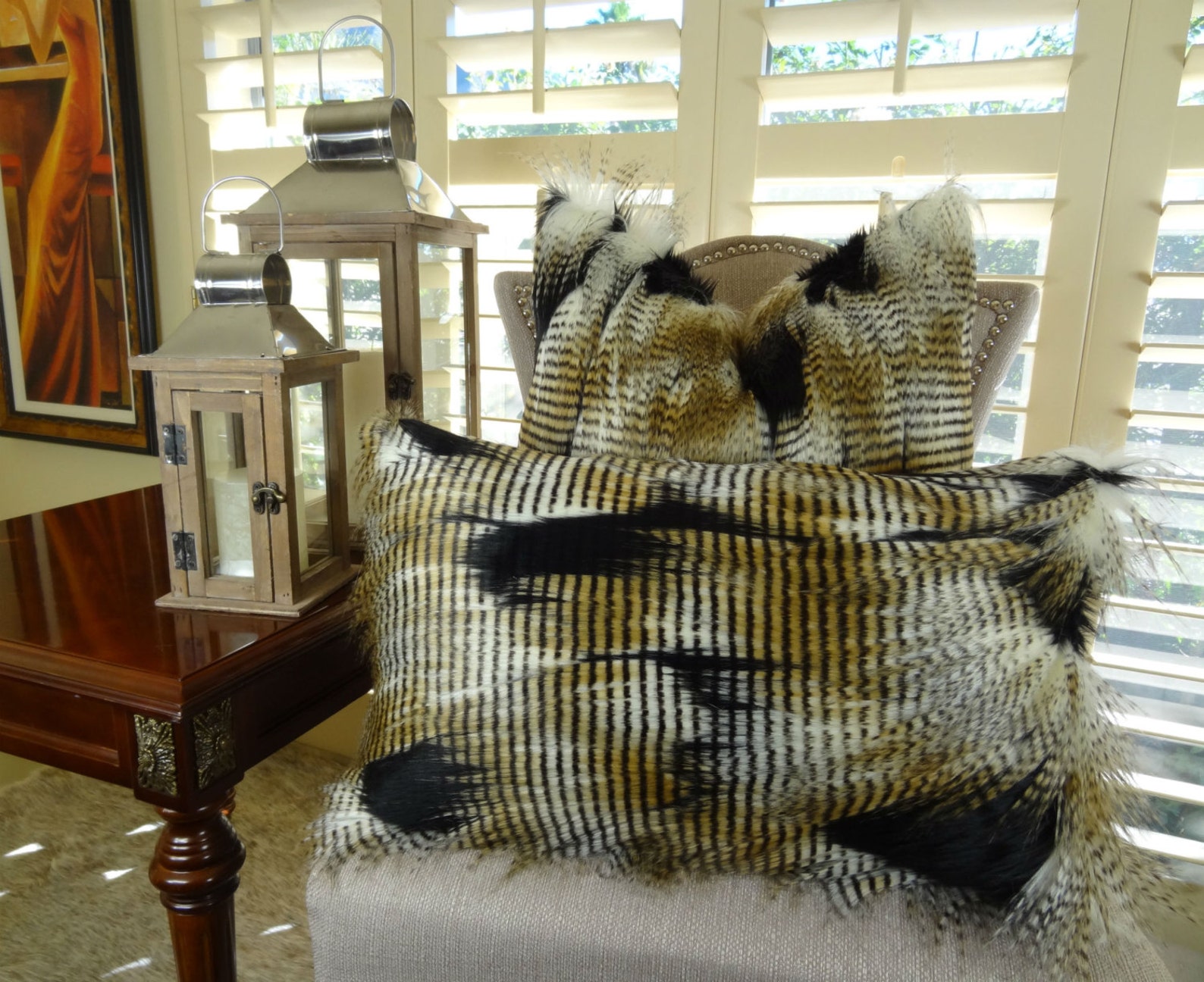 Black Gold White Fur Throw Pillow Cover Fancy Feather Fur Etsy