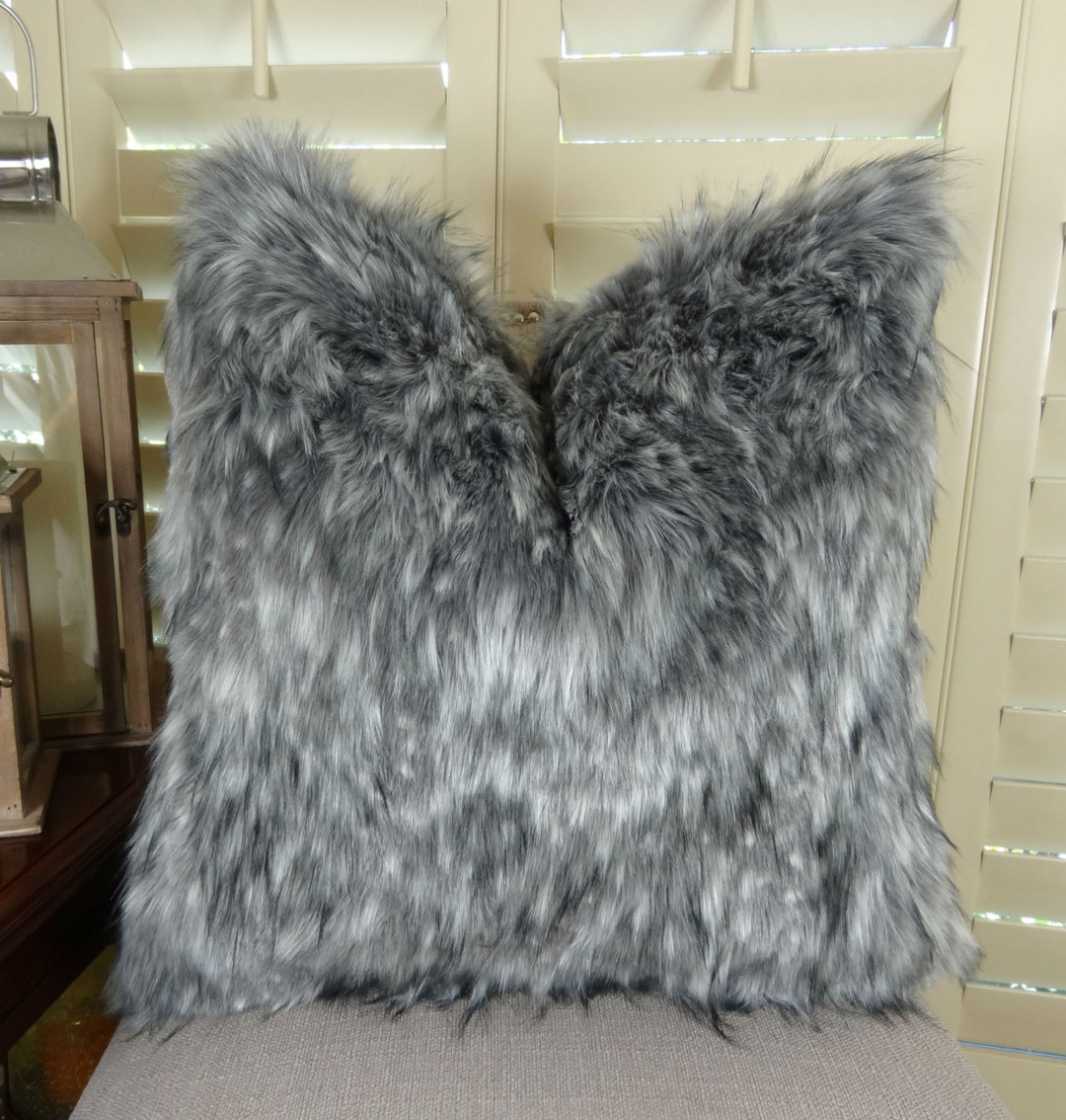 Luxury Gray Faux Fur Throw Pillow Cover Gray Wolf Fur Pillow Gray Fur