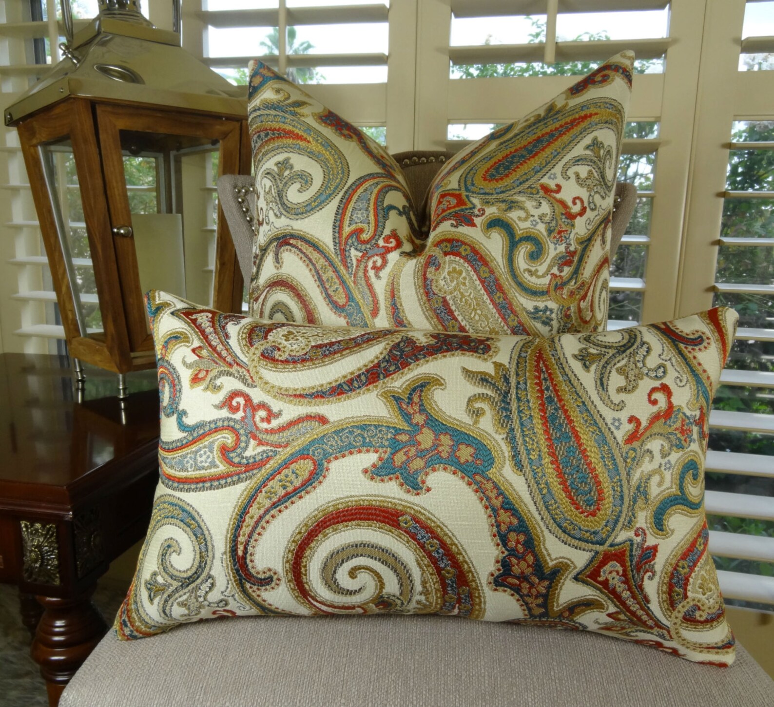 Red Paisley Throw Pillow Cover Turquoise Red Cream Taupe Etsy