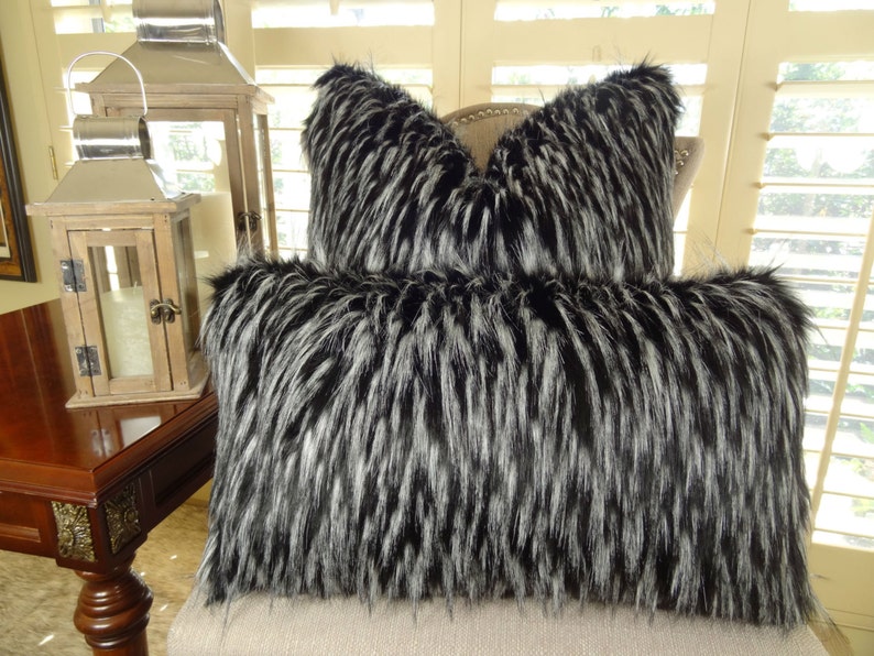 Black White Fur Throw Pillow Wolf Faux Fur Pillow Cover Etsy