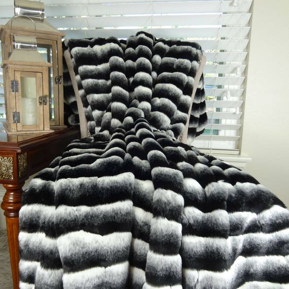 Black White Chinchilla Faux Fur Throw Blanket Bedspread Etsy