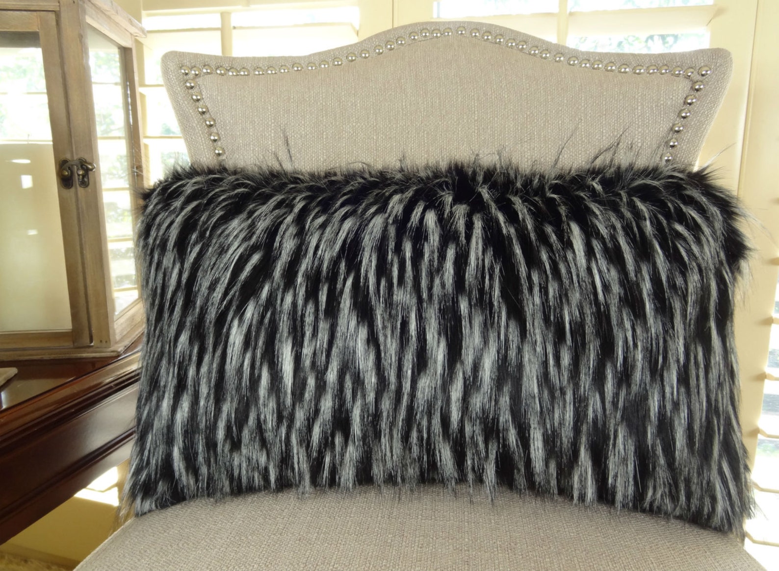 Black White Fur Throw Pillow Wolf Faux Fur Pillow Cover Etsy