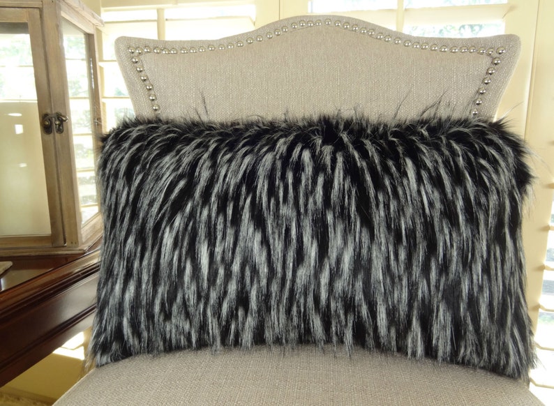 Black White Fur Throw Pillow Wolf Faux Fur Pillow Cover Etsy