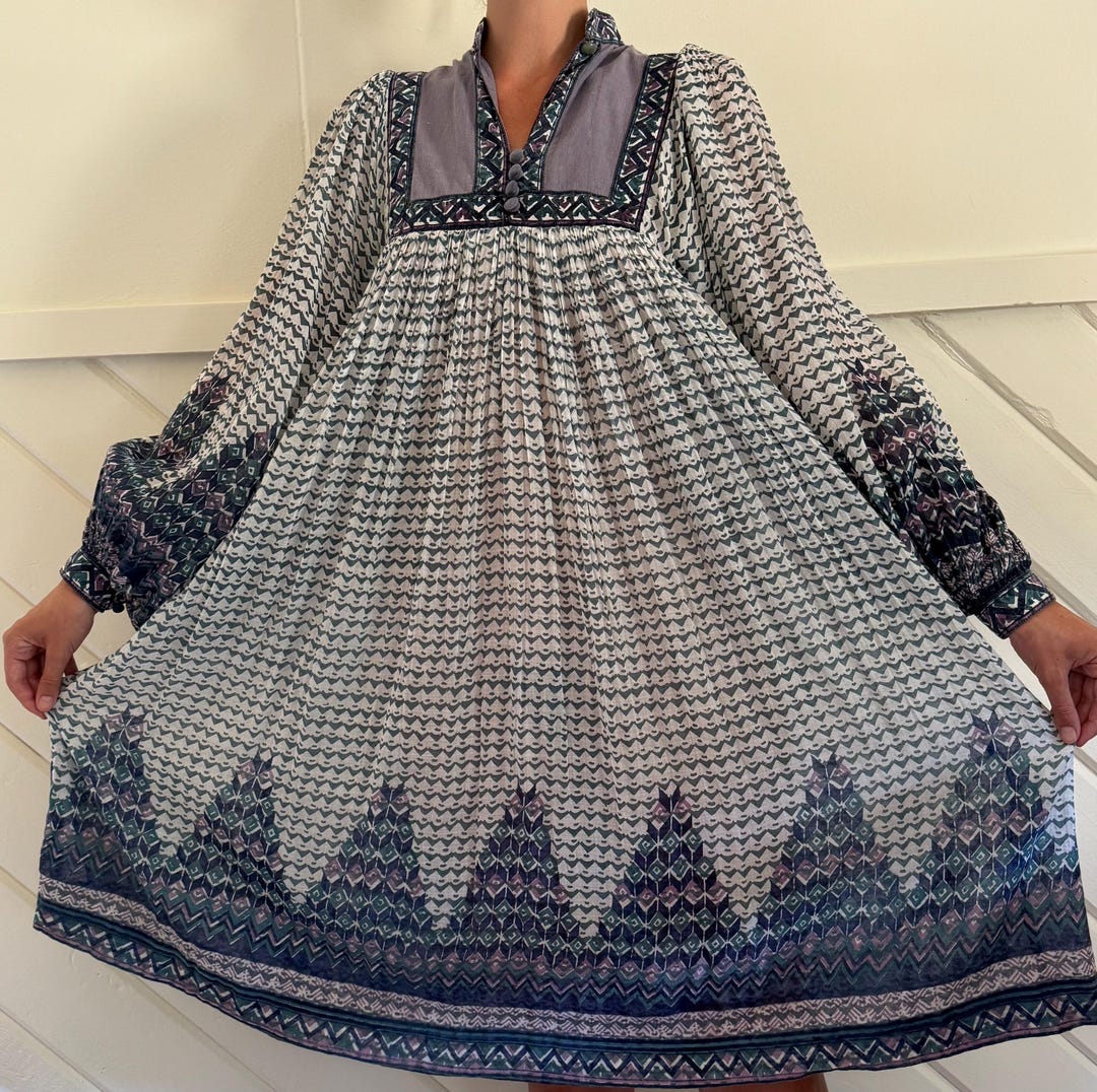 Holy Grail Rare Precious Phool Pure Silk Block Print 1970s Kaftan Maxi Dress