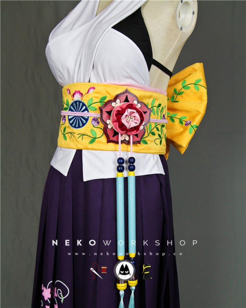 Summoner Cosplay Costume Floral Hakama Floral Embroidered Obi Belt & Ribbon Ombre Kimono Sleeves image 3