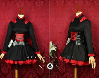 Ruby Rose Black Dress | Black Pleather Corset | Red Hooded Cape