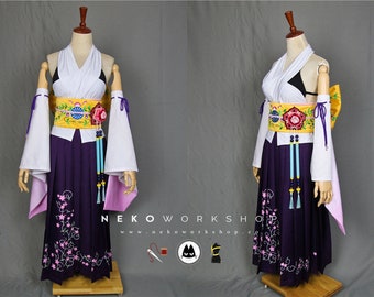 Summoner Cosplay Costume | Floral Hakama | Floral Embroidered Obi Belt & Ribbon | Ombre Kimono Sleeves