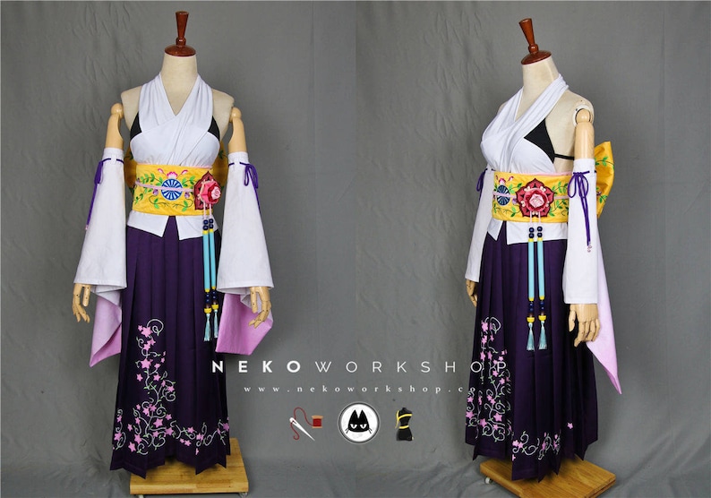 Summoner Cosplay Costume Floral Hakama Floral Embroidered Obi Belt & Ribbon Ombre Kimono Sleeves image 1