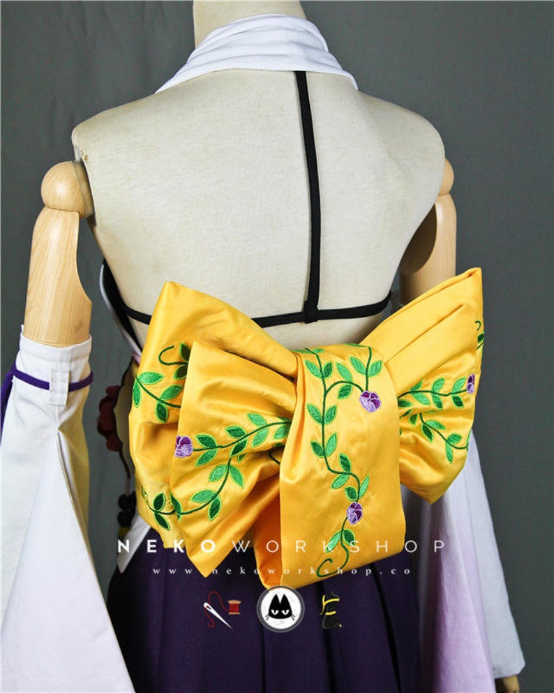 Summoner Cosplay Costume Floral Hakama Floral Embroidered Obi Belt & Ribbon Ombre Kimono Sleeves image 4