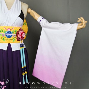 Summoner Cosplay Costume Floral Hakama Floral Embroidered Obi Belt & Ribbon Ombre Kimono Sleeves image 2