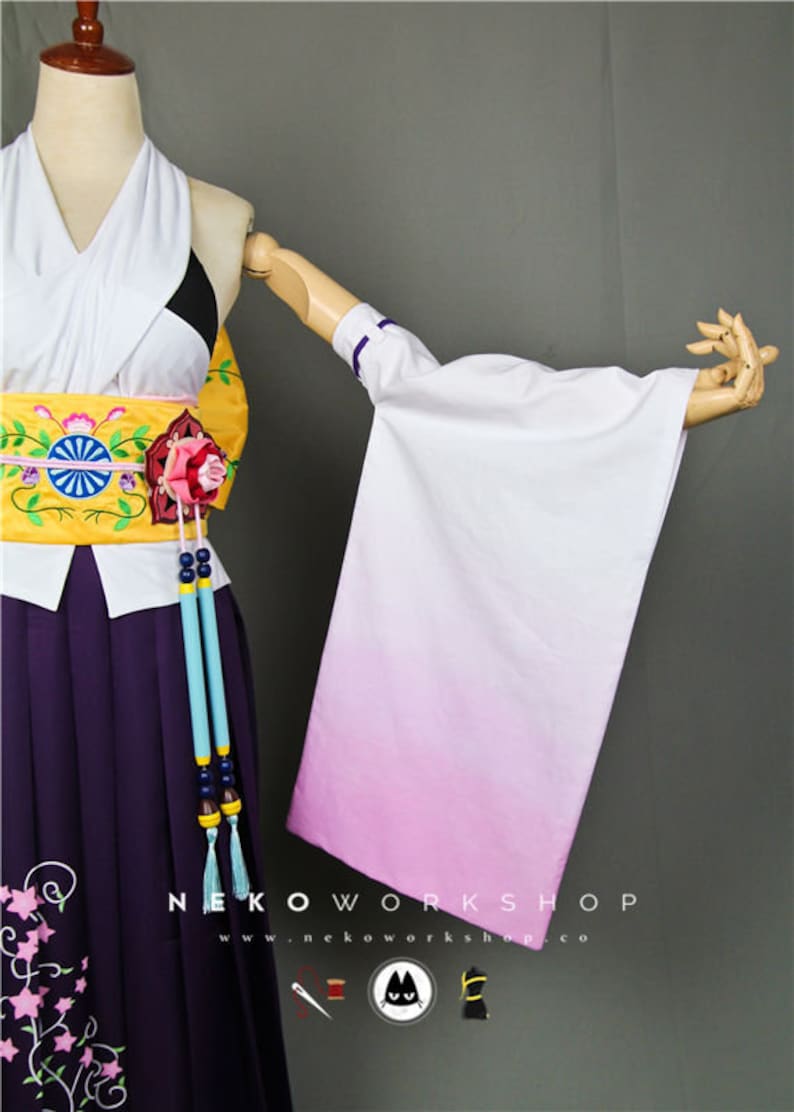 Summoner Cosplay Costume Floral Hakama Floral Embroidered Obi Belt & Ribbon Ombre Kimono Sleeves image 2
