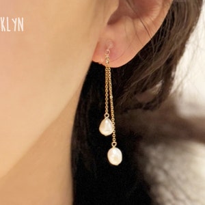 Freshwater Pearl Dangle Unbalanced Dainty 14k Gold Filled Chain Clip-on non-piercing Earrings, Hypoallergenic Invisible Painless Clipons