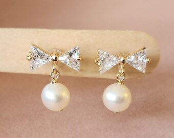 Cute Cubic Bow tie Pearls Clip on Dangle Earrings for Woman / Allergy Free / Ribbon Earrings / Non Pierced Clip on earrings/ Gift box