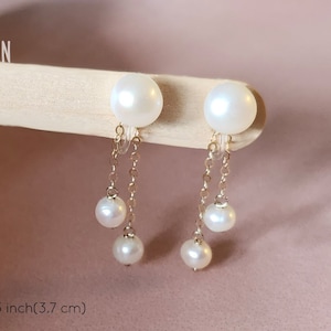 Natural Cultured Pearls Clip on Chain Dangle Earrings for Woman / Allergy Free / Non Pierced Clip on earrings / No pain / Gift box