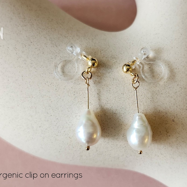 Freshwater Baroque pearl drop earrings, natural white pearl dangle earrings, no metal allergy post, clip on pearl earrings, non piercing