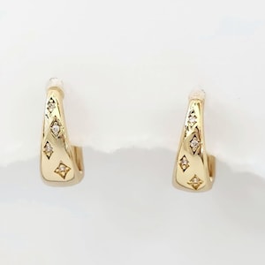 Non-Pierced Invisible Clip-On Huggie Hoop Earrings, 14K Gold-Tone, Diamond-Shape Pattern with Cubic Zirconia, Lightweight Pain-Free