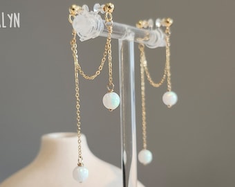 White Fire Opal gold chain drop earrings, synthetic opal beads dangle earrings, no metal allergy post, clip on pearl earrings, non piercing