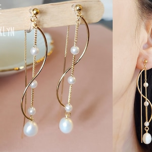 Long Chain Pearl Clip On Earrings: Gold Plated, Non Piercing, Asymmetrical Pearl Dangle Gold Wave Earrings , Wedding long pearl earrings