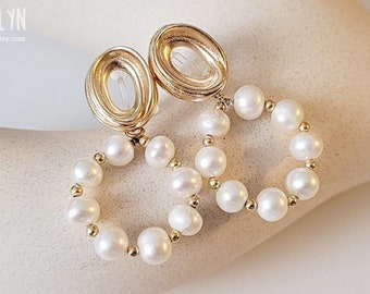 Pearl hoop earrings, White fresh water pearls jewelry, handmade pearl dangle earrings, gold plated hoop earrings, Gift for birthday